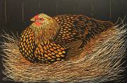 'On The Nest' Hand coloured Linocut. 30 X 20 cm
